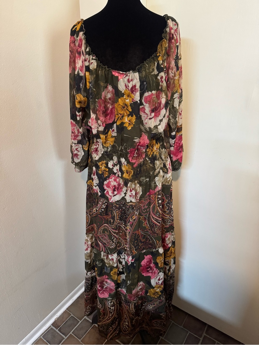 Olive Floral Tiered Maxi Dress with Pink & Yellow Blooms - Picture 3 of 7